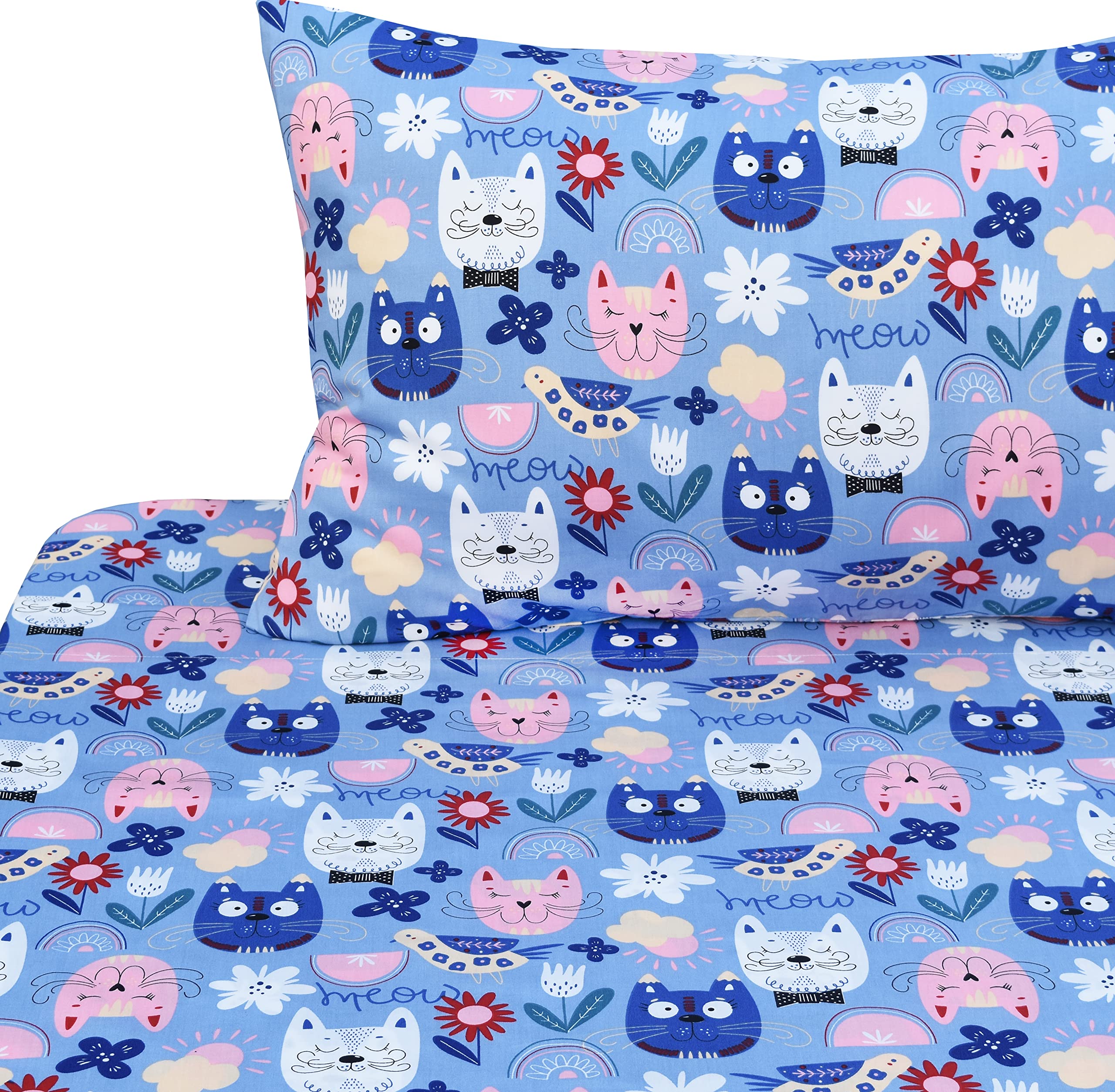 J-Pinno Kids Painting Cat Kitty Flower Birds Blue Adorable 100% Cotton Twin 3 Pieces Sheet Set Bedroom Decoration Gift Flat Shee
